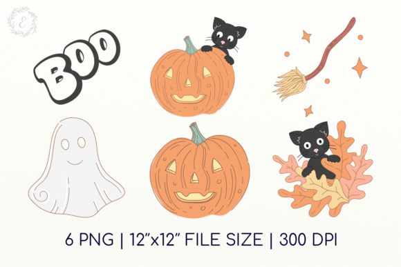 Cute Cat, Ghost, Pumpkin, Boo, Broom Art