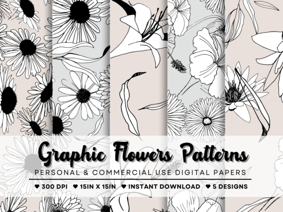 Graphic Flowers Patterns: Hand-Drawn Illustrations for Every Creative Project